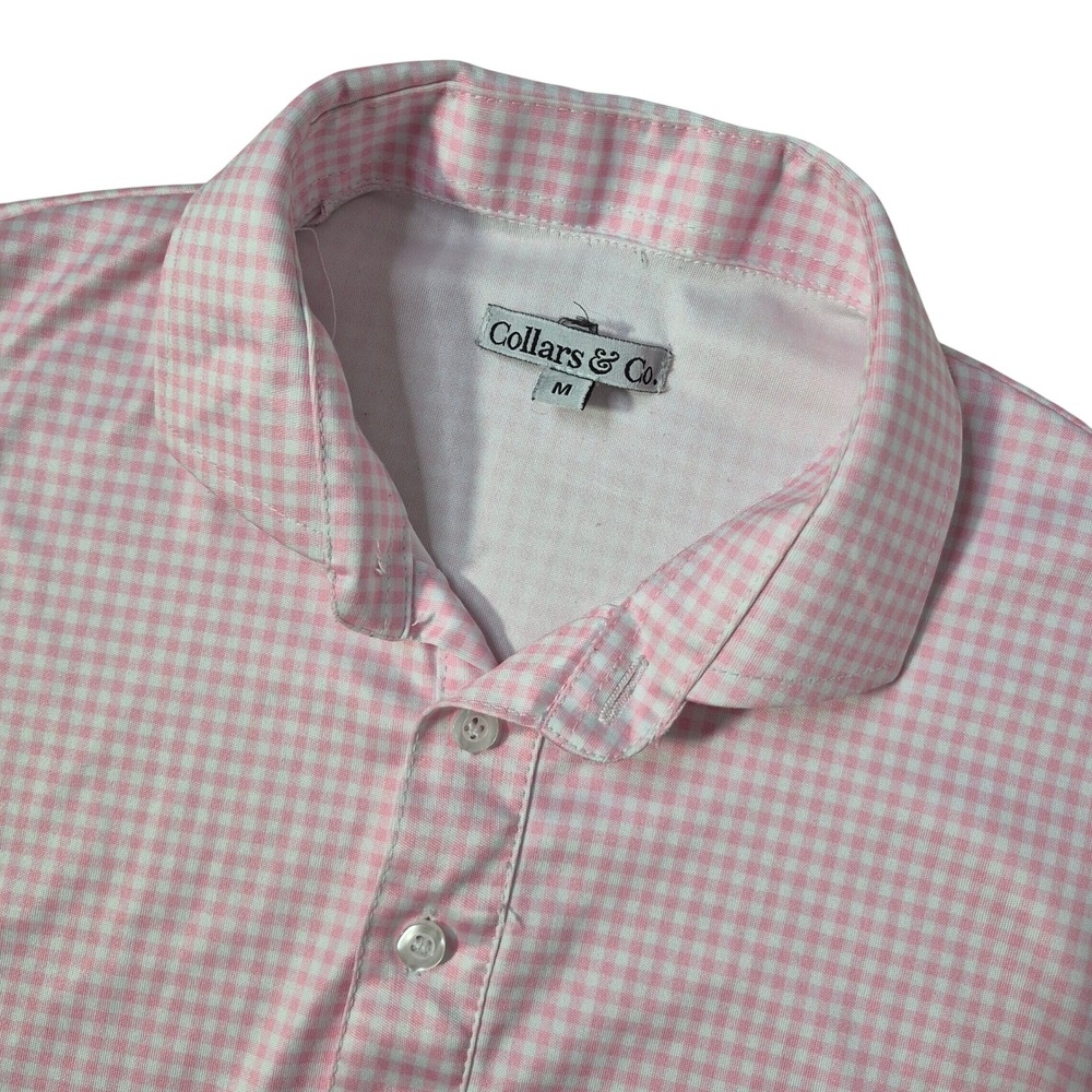 Collars & Co. Dress Collar Polo Mens M Pink Gingham Polyester Preppy Business